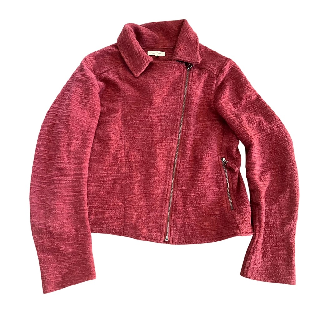 Max Studio Women Asymmetric Zip Moto Jacket Medium Red Textured Knit Moto